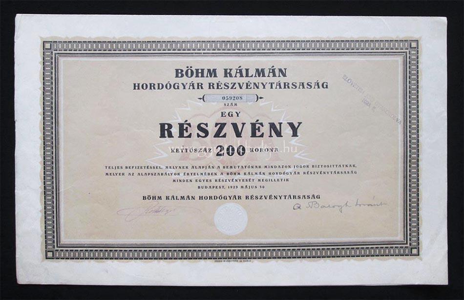 Bhm Klmn Hordgyr rszvny 200 korona 1923